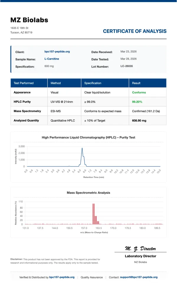 COA_L-Carnitine_LC-26035 Premium L-Carnitine Solution | 10ml * 10 Vials | Research Grade