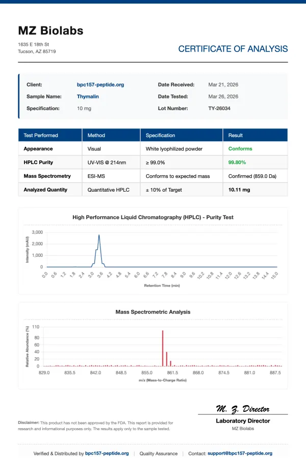 COA_Thymalin_TY-26034 Thymalin (Immune Bioregulator) | 10mg x 10 Vials Kit | >99% Purity
